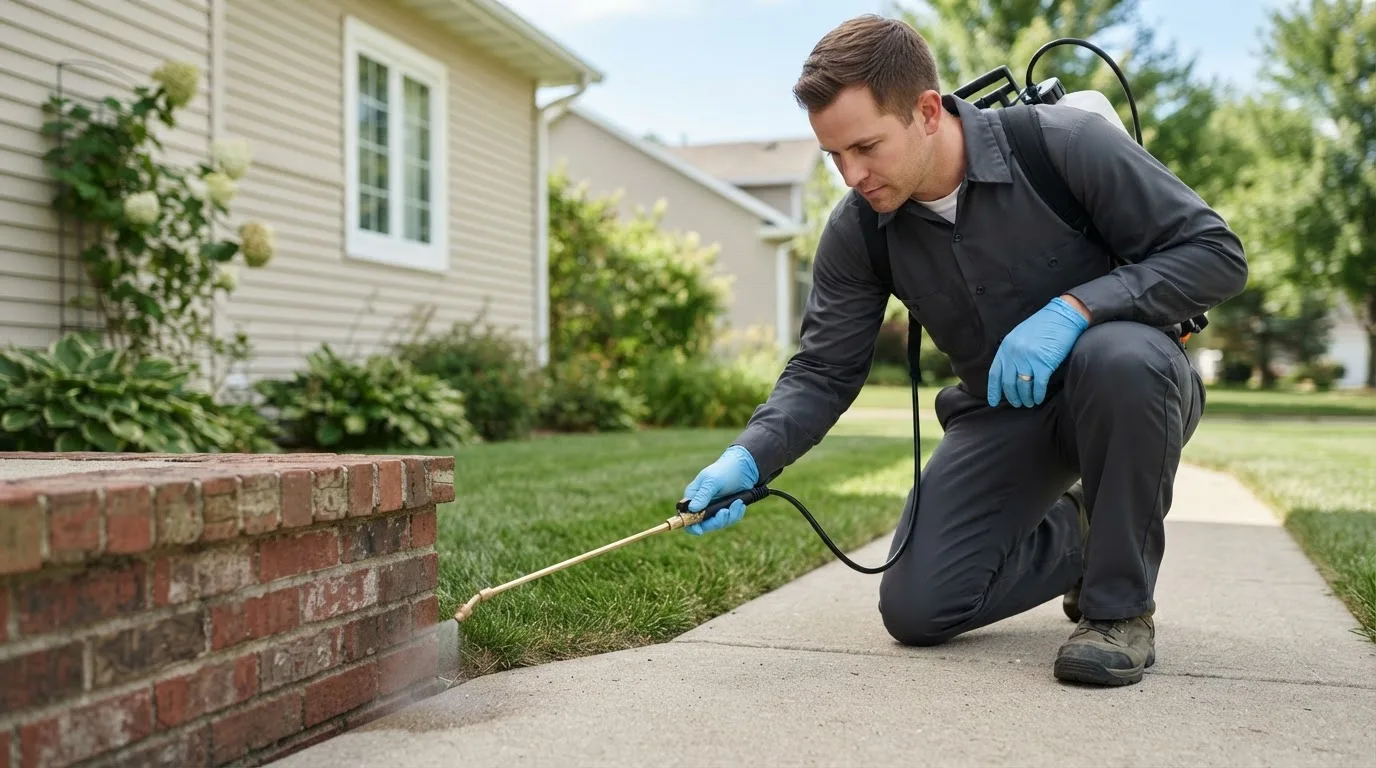 Pest control technician treating a home near Southold, NY