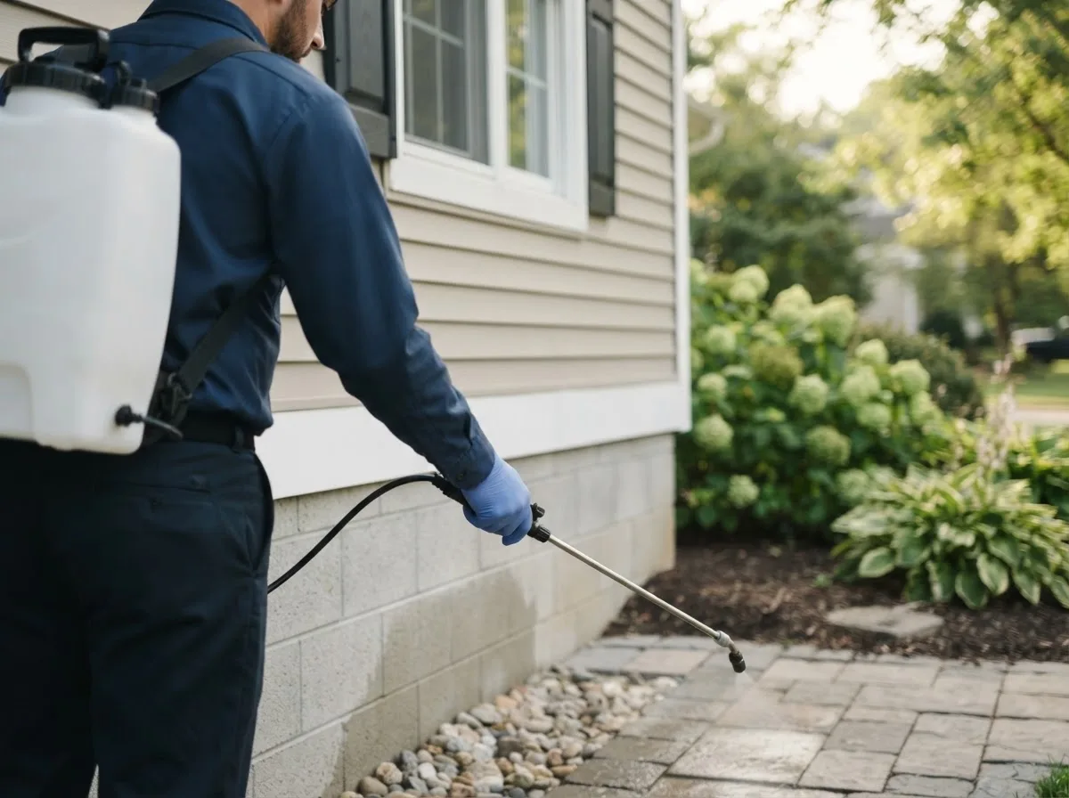 Pest control technician inspecting a home in Southold, NY